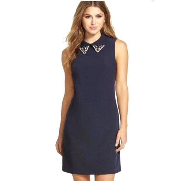 Eliza J Sz 6 Navy Blue Shift Dress Jeweled Collar Sleeveless Classic Preppy - Picture 5 of 15